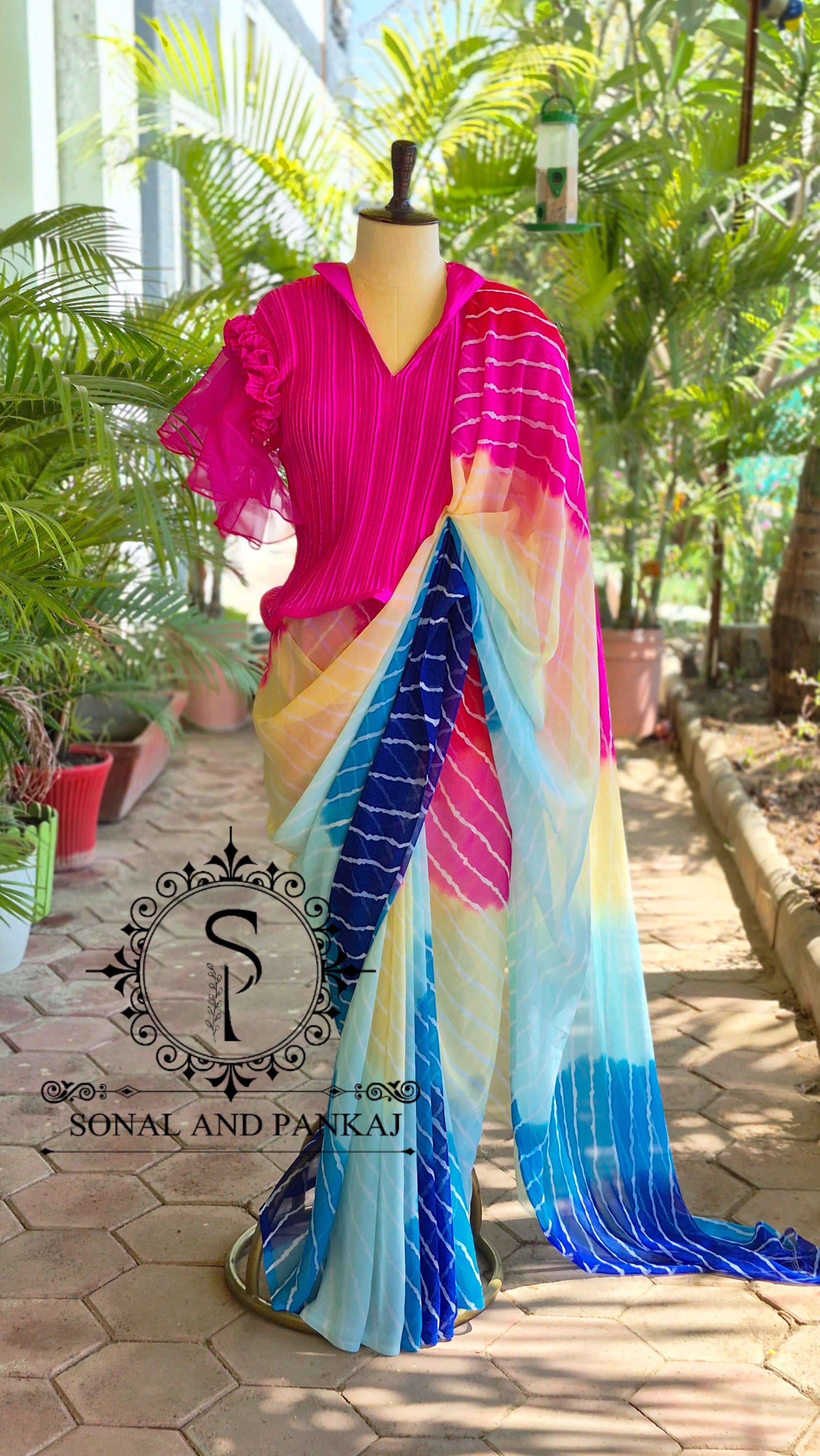 Pleated Rose Stretchable Top With Multicolor Leheriya Print Saree - SA01652
