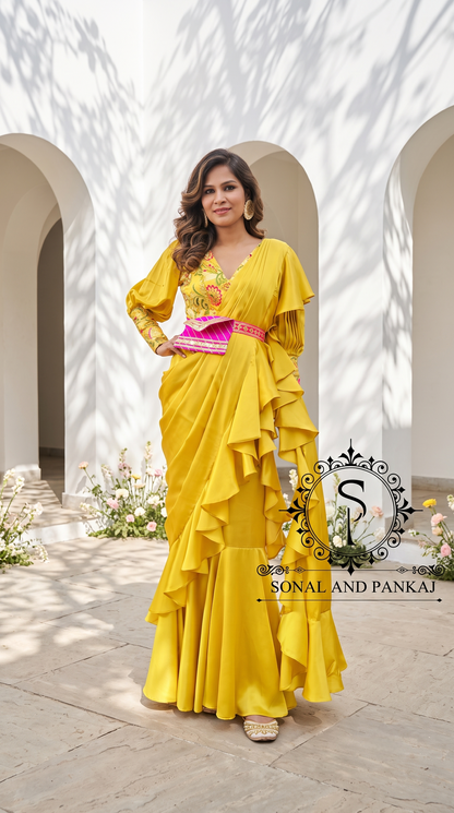 Yellow Ready To Wear Drape Gown Saree - GN00811