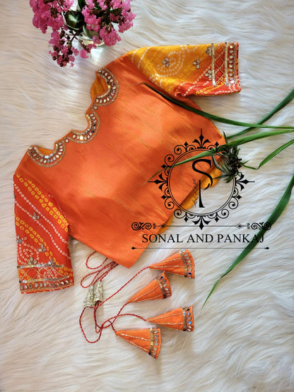 Blouse de créateur de style veste à imprimé Bandhani jaune et orange - BL00869