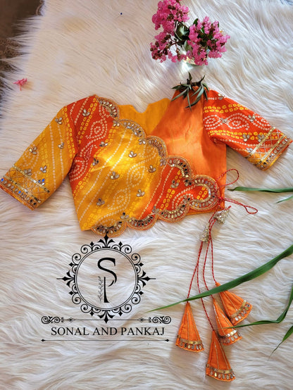 Yellow & Orange Bandhani Print Jacket Style Designer Blouse - BL00869