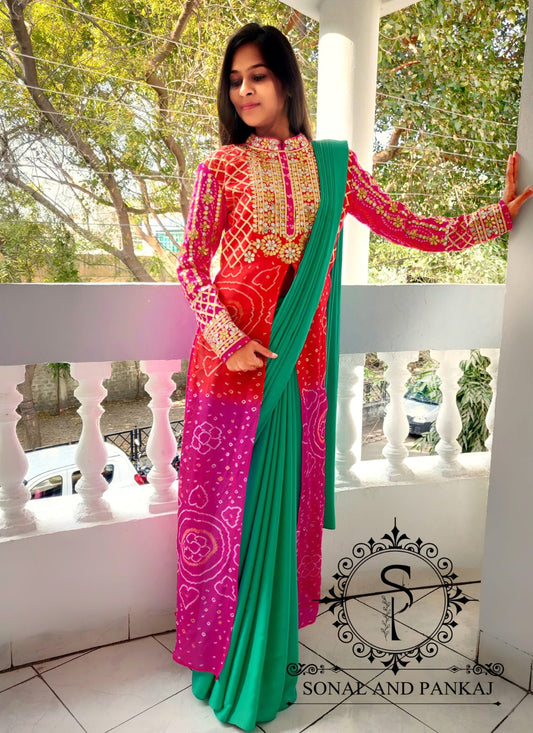 Pur Bandhej Kurti avec un beau Saree - SA00940