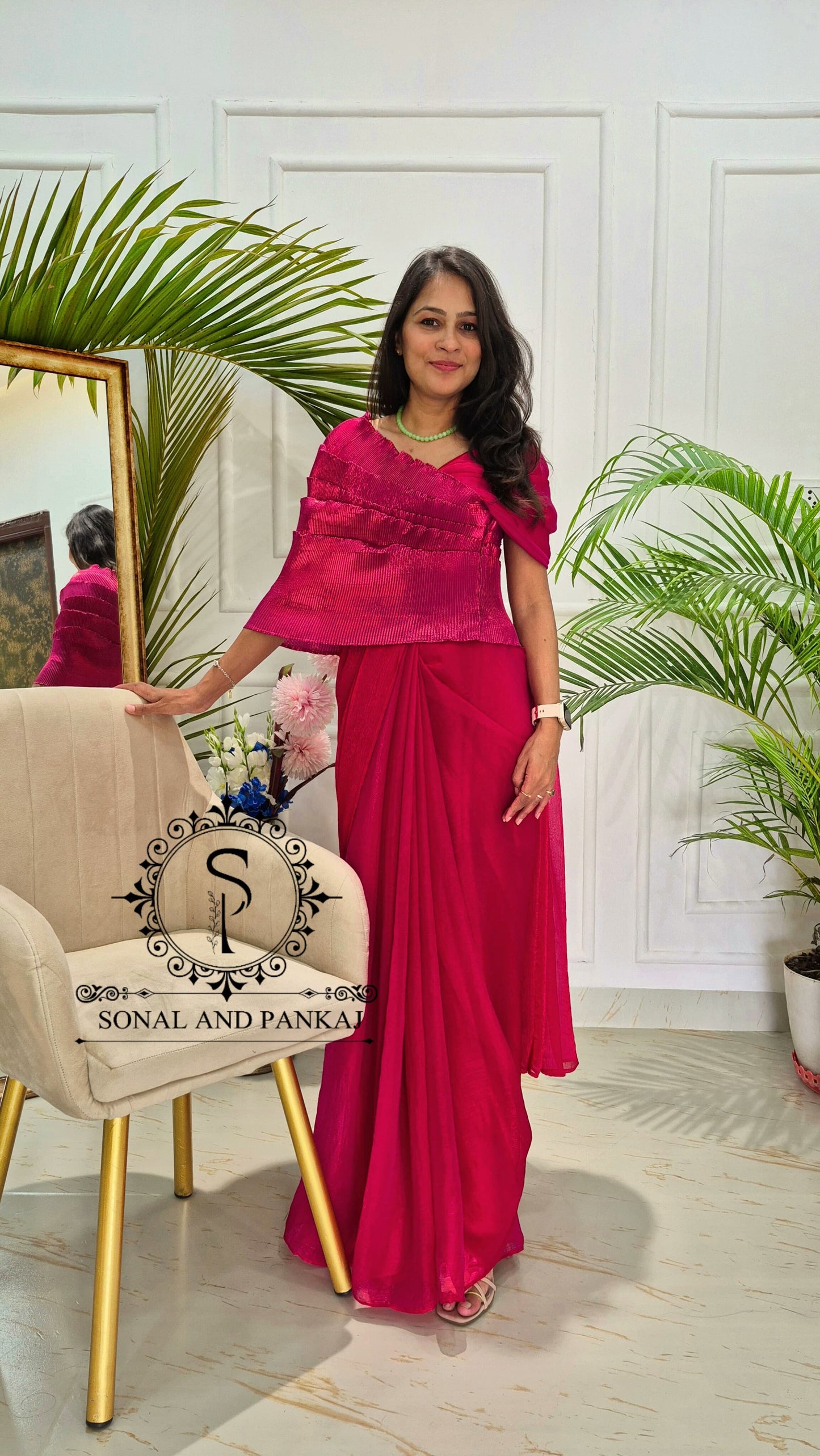 Desi Girl Vibe - Cherry Pink Top & Pre-pleated Saree - SA01619
