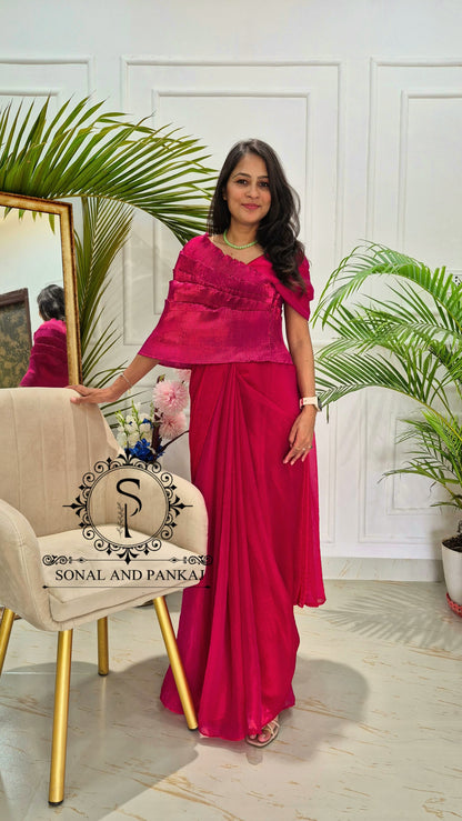 Desi Girl Vibe - Cherry Pink Top & Pre-pleated Saree - SA01619