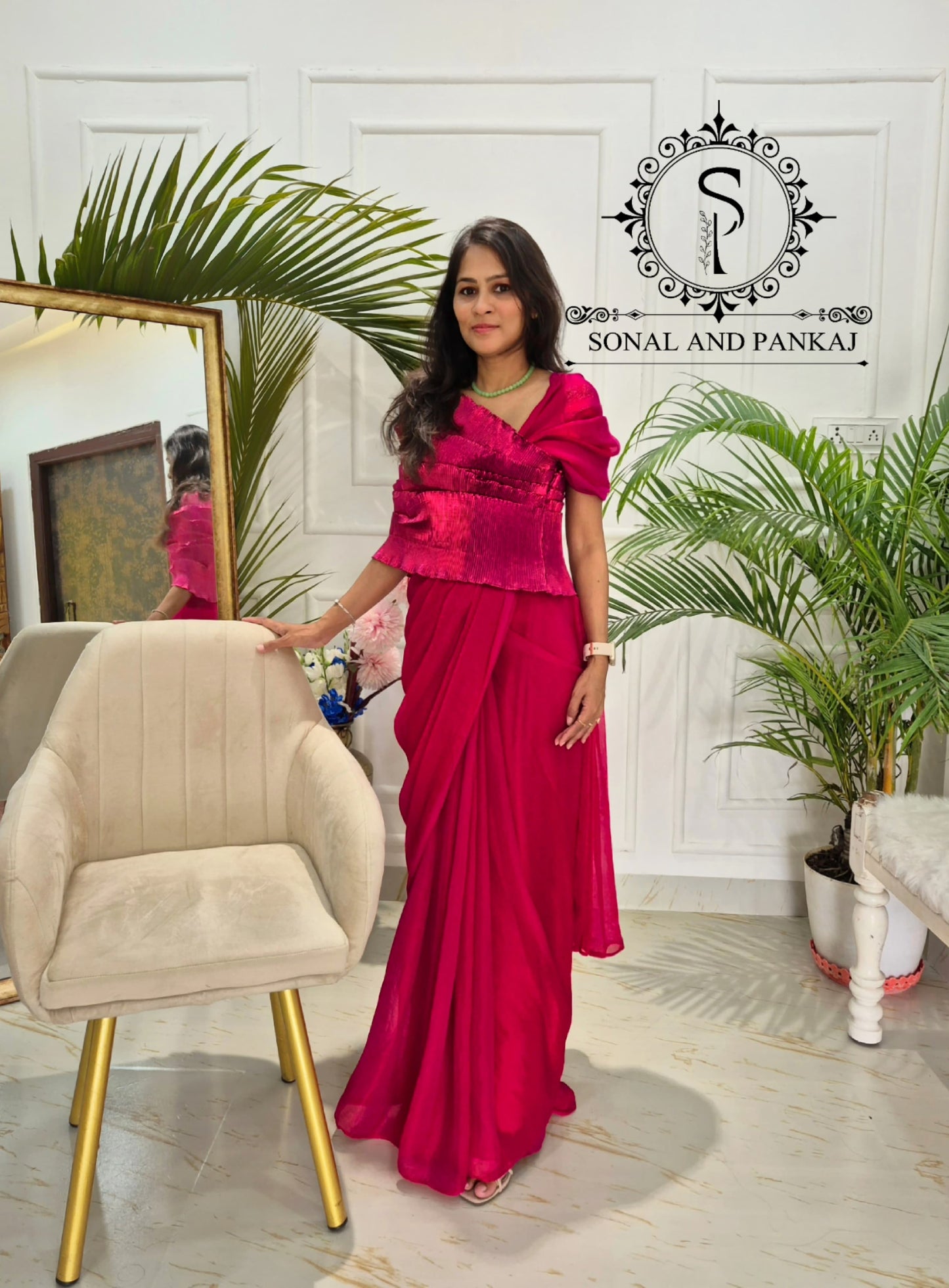Desi Girl Vibe - Cherry Pink Top & Pre-pleated Saree - SA01619