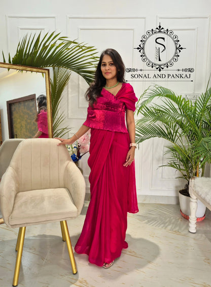 Desi Girl Vibe - Cherry Pink Top & Pre-pleated Saree - SA01619