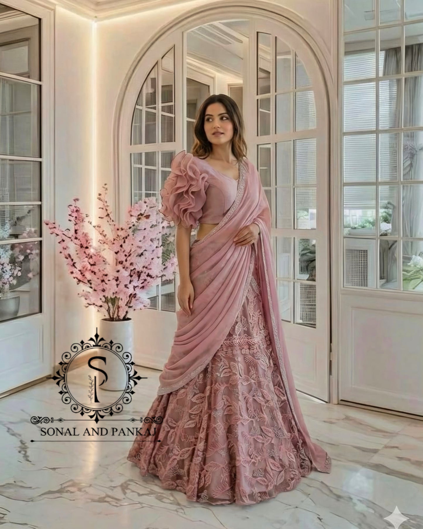 Chemisier de style veste brodée de paon 3D avec sari à volants prêt à porter - SA00727