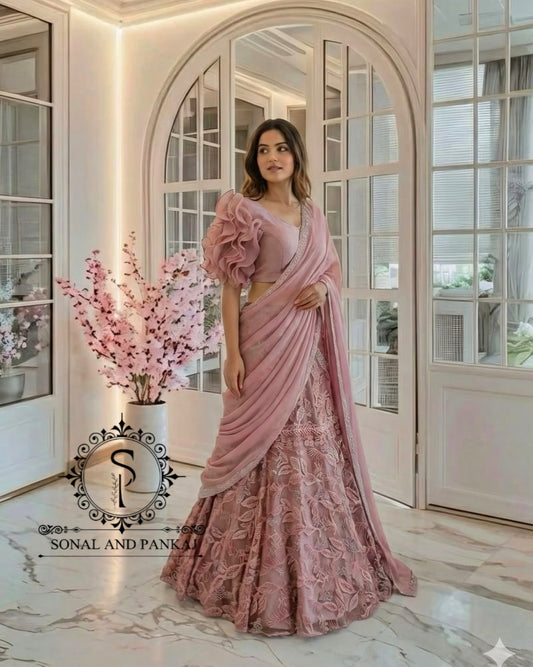 Ruffle Blossom Misty Peach Ready To Wear Saree - SA01637