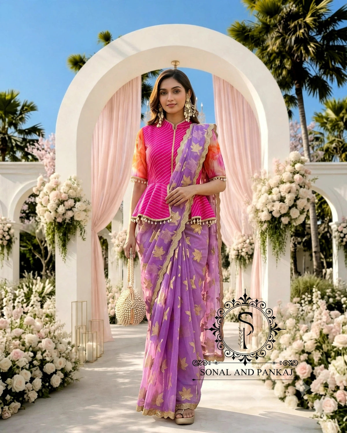 Designer Moothra Blouse With Zari Brasso Saree On Sale - SA01380 (Lavender)