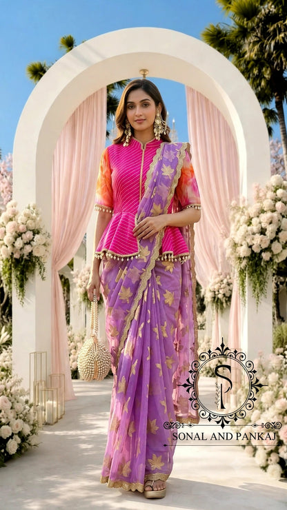 Designer Moothra Blouse With Zari Brasso Saree On Sale - SA01380 (Lavender)