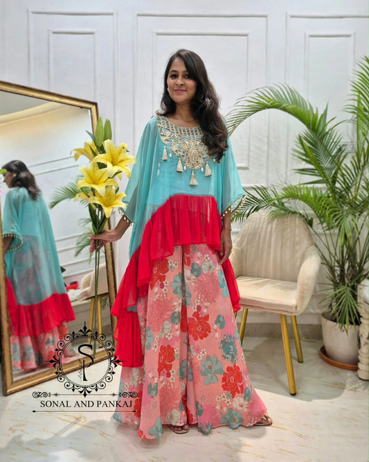 Miraya Sharara with Ruffle Cape Top On Sale - RW01862(Turquoise & Coral)-RTD
