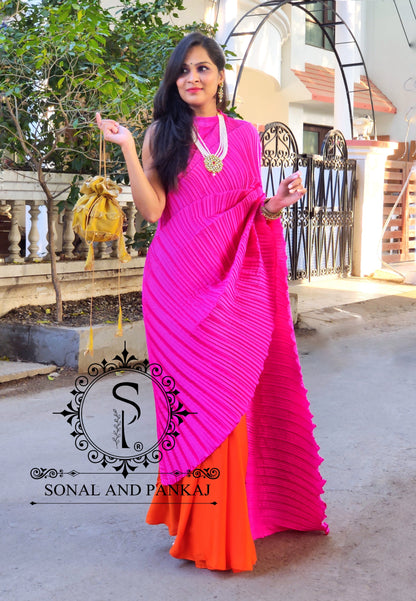 Beautiful Pink Velvet Blouse & Pleated Palloo Saree - SA01304