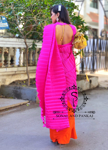 Beautiful Pink Velvet Blouse & Pleated Palloo Saree - SA01304