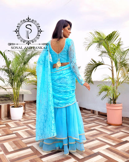 Sky Blue Blossom: Ready-to-Wear Floral Net Saree - SA01173