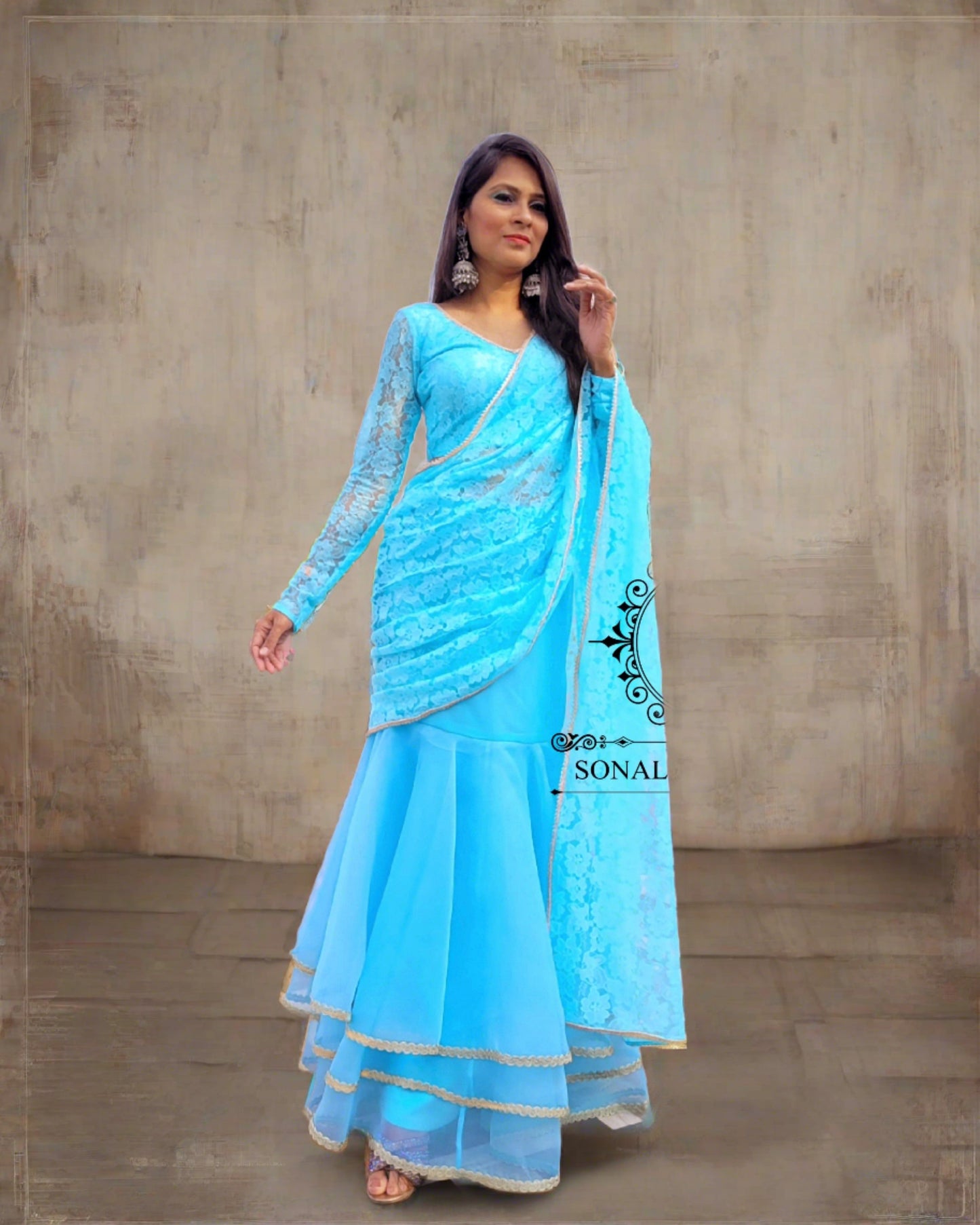 Sky Blue Blossom: Ready-to-Wear Floral Net Saree - SAMPLE01173