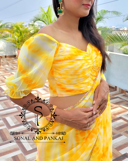 Shaded Yellow Ruched Blouse With Ready To Wear Saree - RTW01174