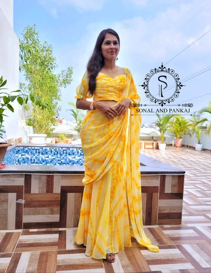 Chemisier froncé jaune ombré avec sari prêt à porter - RTW01174