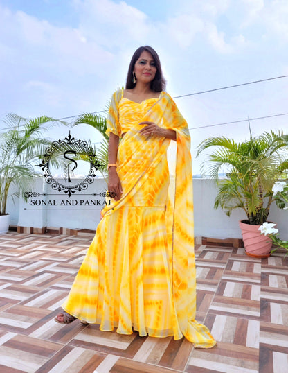 Shaded Yellow Ruched Blouse With Ready To Wear Saree - SAMPLE01174