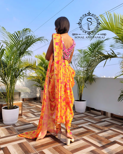Hot Pink Mirror Embroidered Blouse With Turmeric Yellow Stylish Dhoti Saree - DS01171