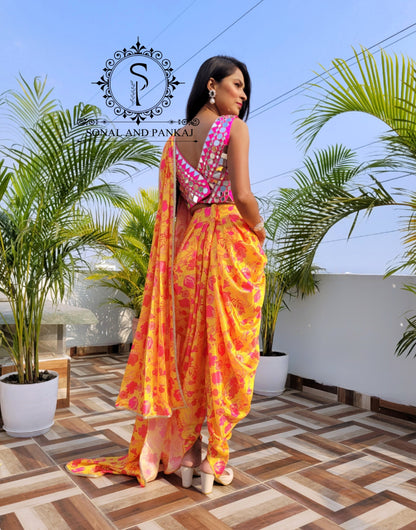 Hot Pink Mirror Embroidered Blouse With Turmeric Yellow Stylish Dhoti Saree - DS01171
