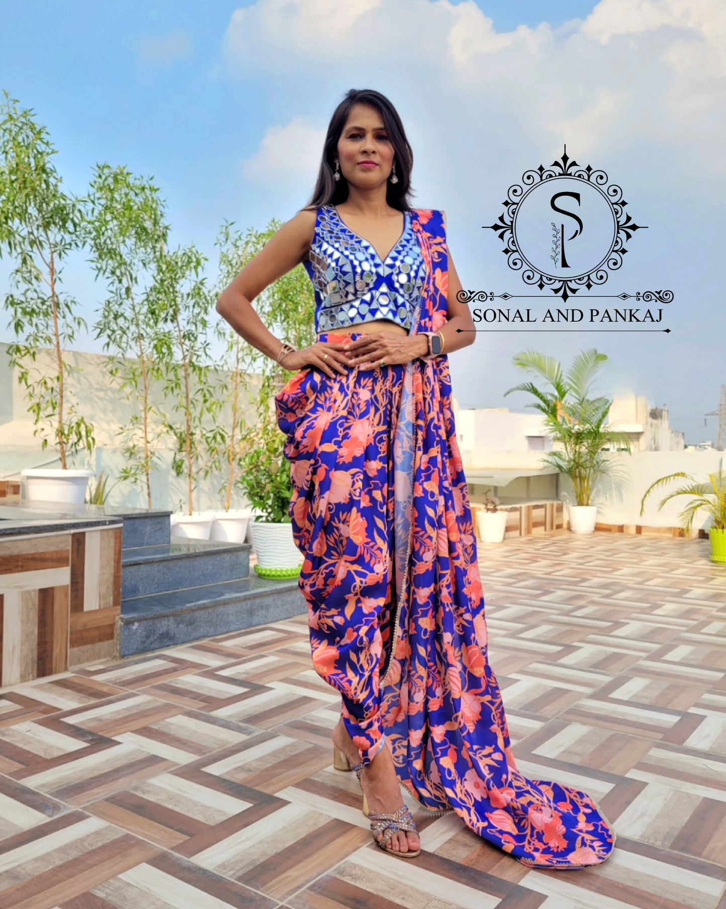 Royal Blue Mirror Embroidered Blouse With Stylish Dhoti Saree - DS01172
