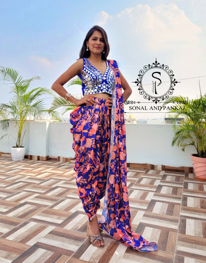 Royal Blue Mirror Embroidered Blouse With Stylish Dhoti Saree - RTSDS01172