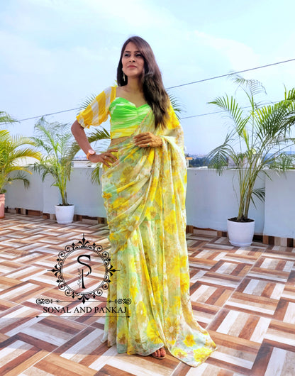 Shaded Green Ruched Blouse With Ready To Wear Saree - RTW01175