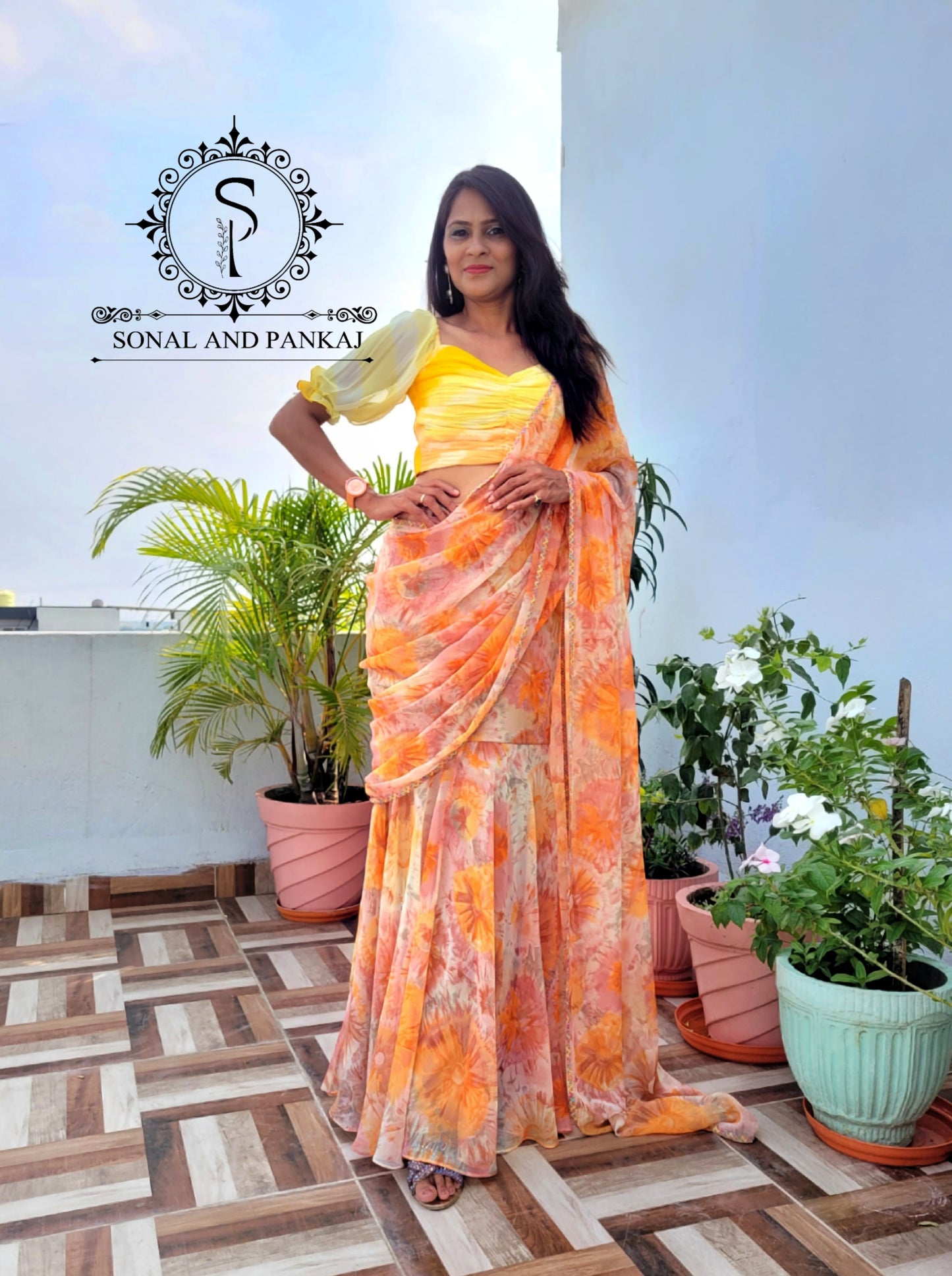 Shaded Orange Ruched Blouse With Ready To Wear Saree - RTW01176