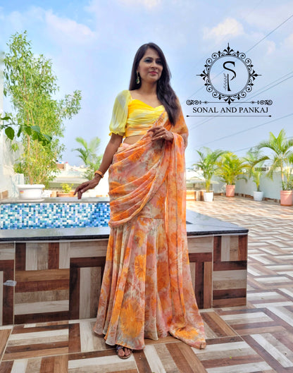 Shaded Orange Ruched Blouse With Ready To Wear Saree - RTW01176