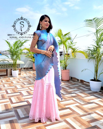 Chemisier de style haut plissé métallisé avec sari prêt à porter - RTW01189