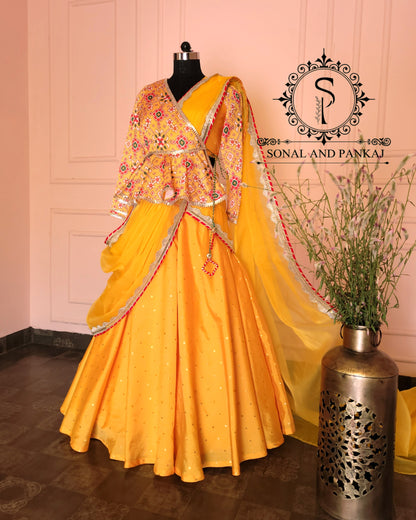 Haldi Yellow Peplum Angarakkha Style Blouse With Beautiful Duppatta & Lehenga - IW01198