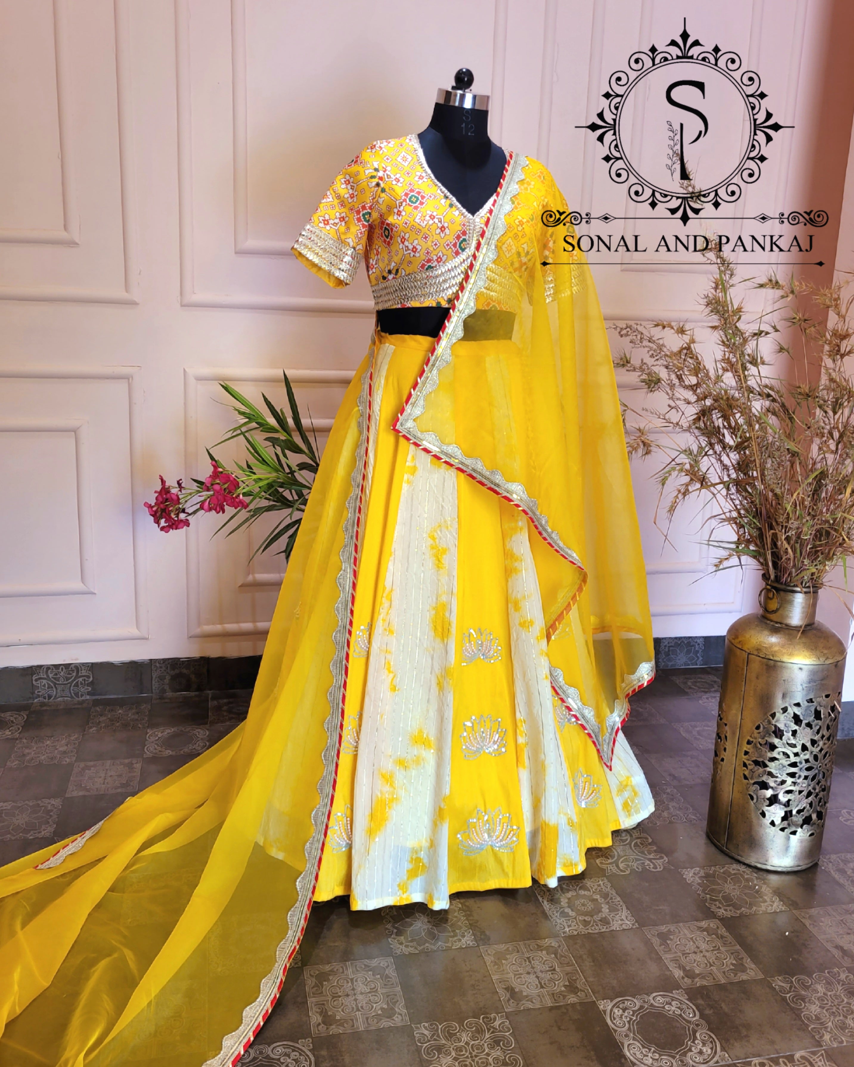 Yellow With Royal Blue Georgette Lehenga Choli With Multi Resham Work -  House of Surya