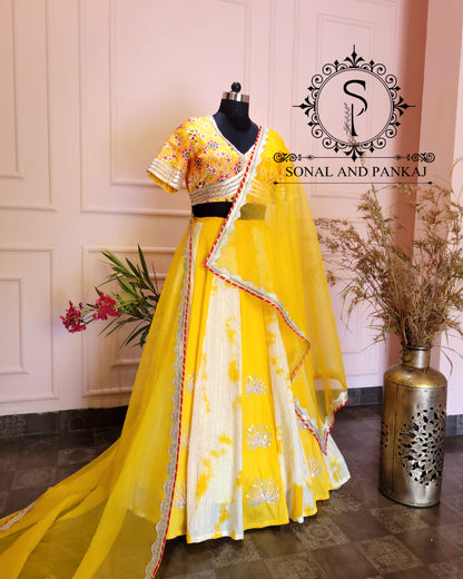 Chemisier Patola jaune de style Sabhyasachi avec belle Duppatta et Kalidaar Lehenga - LH01201