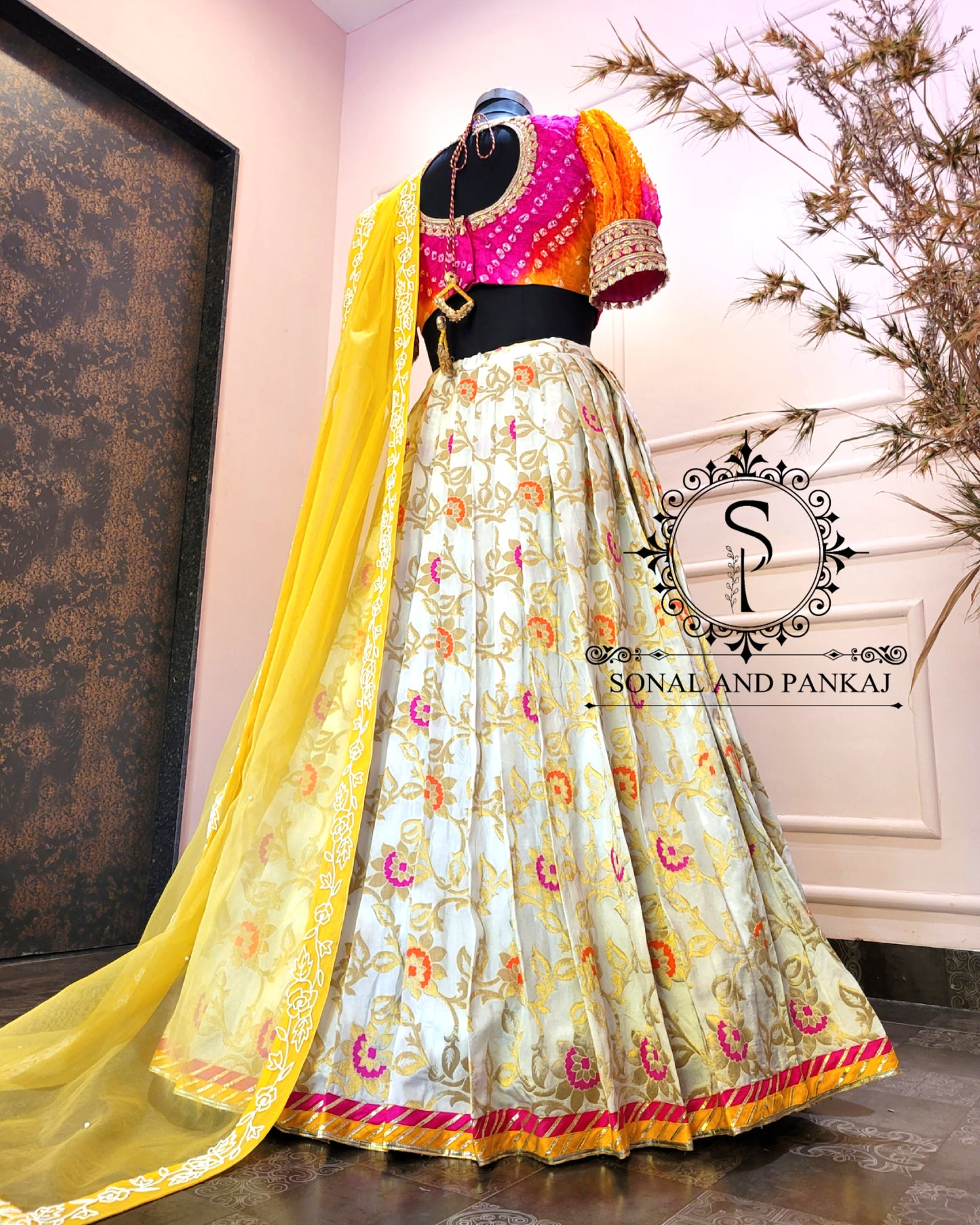 Shaded Hand Made Bandhej Blouse With Organza Duppatta & Chandri Jaal Lehenga - LH01202