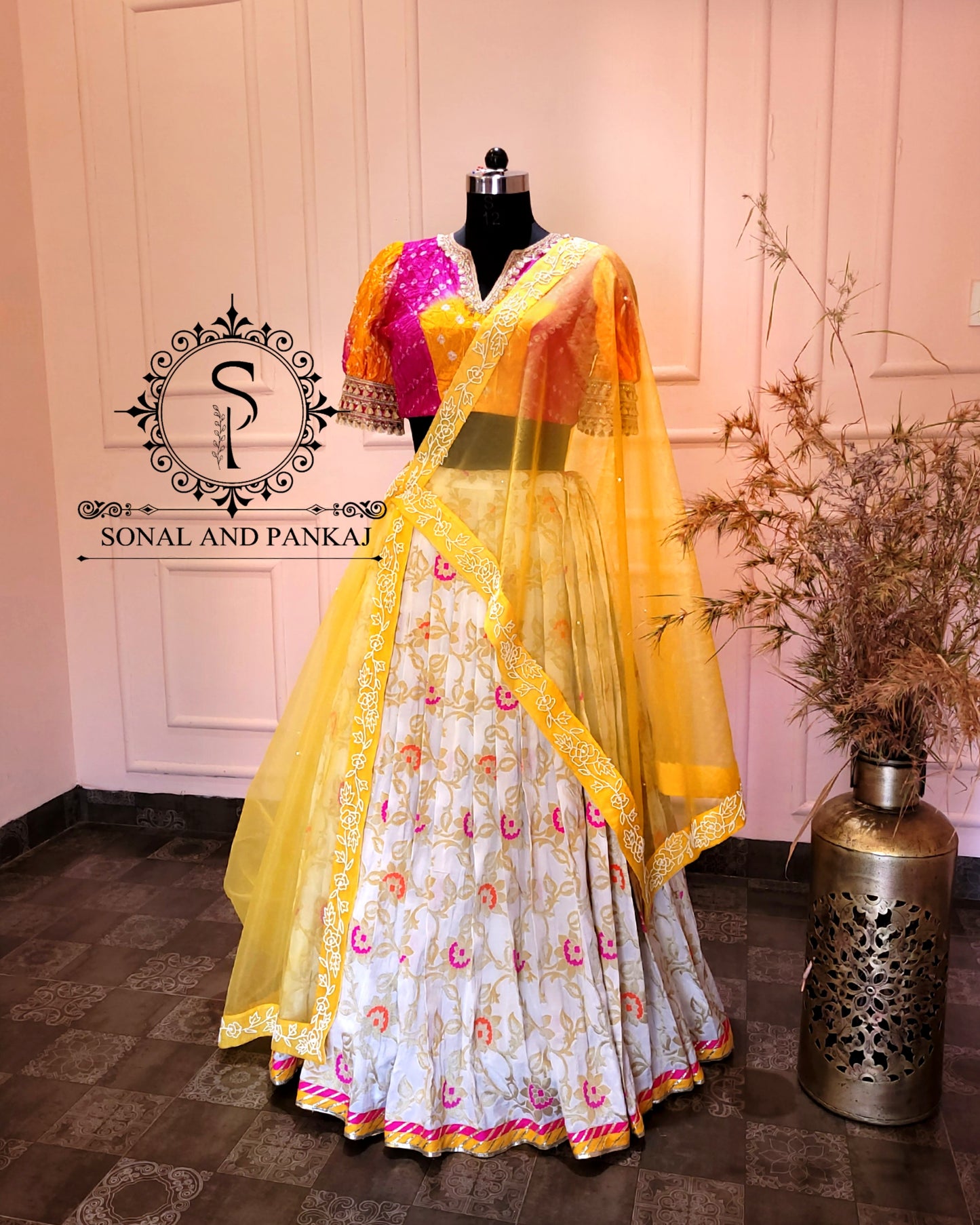 Shaded Hand Made Bandhej Blouse With Organza Duppatta & Chandri Jaal Lehenga - LH01202