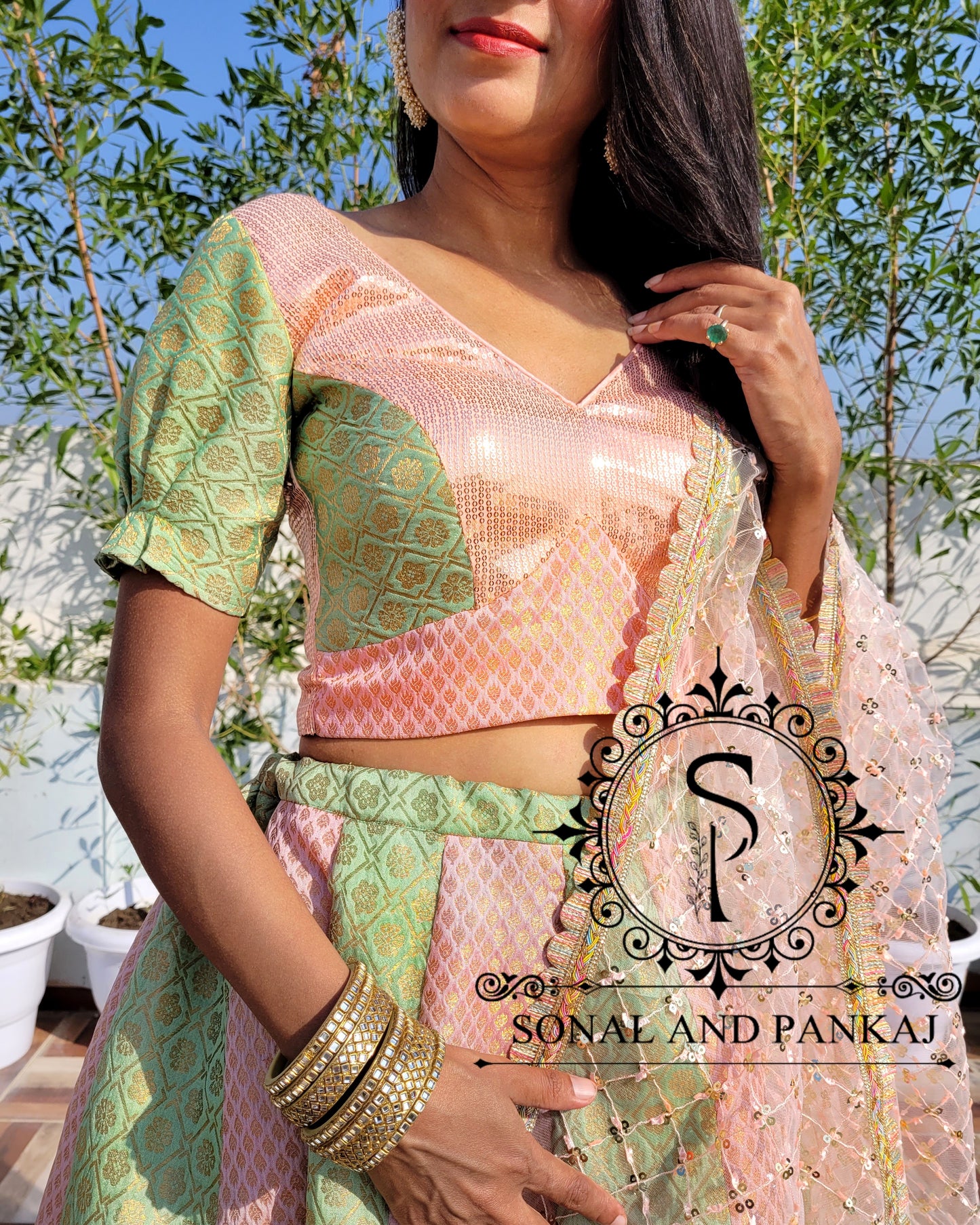 Designer Sequins-Brocade Blouse With Beautiful Duppatta & Kalidaar Brocade Lehenga - LH01203