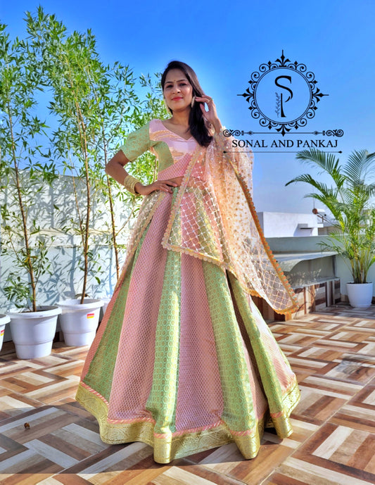 Designer Sequins-Brocade Blouse With Beautiful Duppatta & Kalidaar Brocade Lehenga - SAMPLE01203