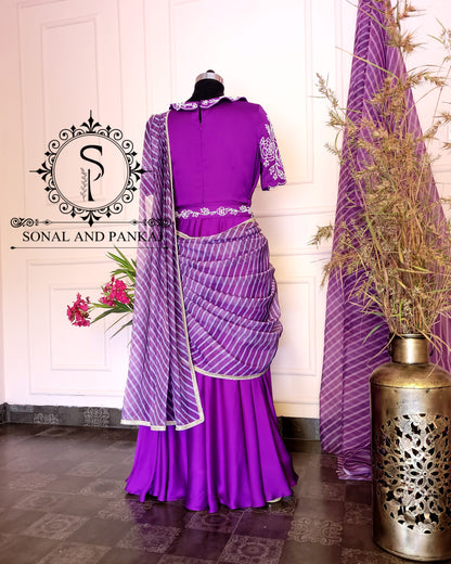 Purple Hand Embroidered Ready To Wear Gown Saree - SA01206