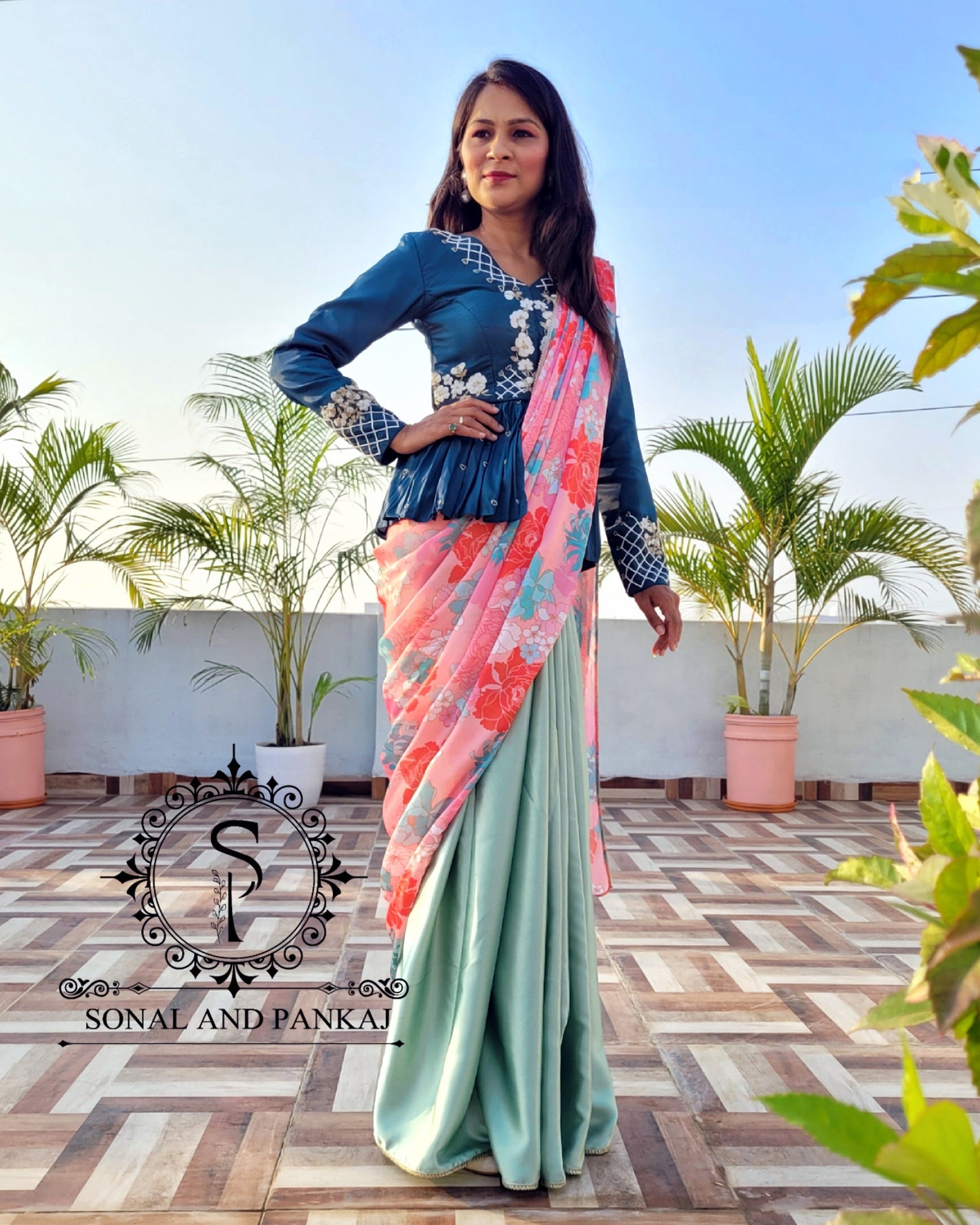Teal Green Hand Embroidered Peplum Blouse With Beautiful Saree - SAMPLE01226