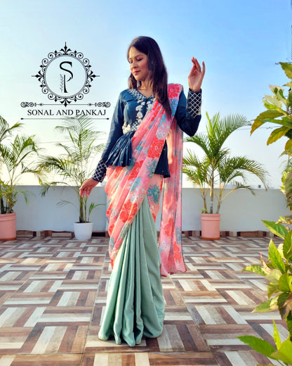Teal Green Hand Embroidered Peplum Blouse With Beautiful Saree - RTSSA01226