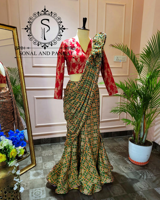 Designer Red Blouse With Green Patola Print Ready To Drape Saree - SAMPLE01391