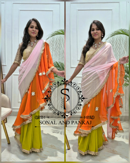 The Phuljhadi Ruffle Drape - SA01849(Baby Pink & Orange)