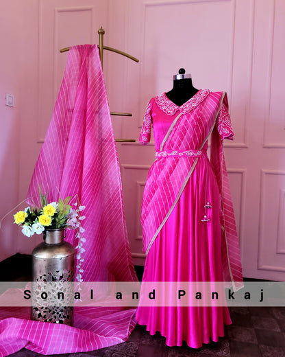 Ready To Wear Hot Pink Gown Saree - SA01056