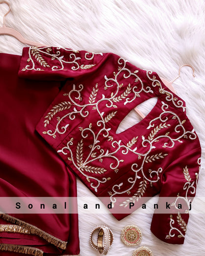 Maroon Hand Embroidered Blouse With Saree - SA01063
