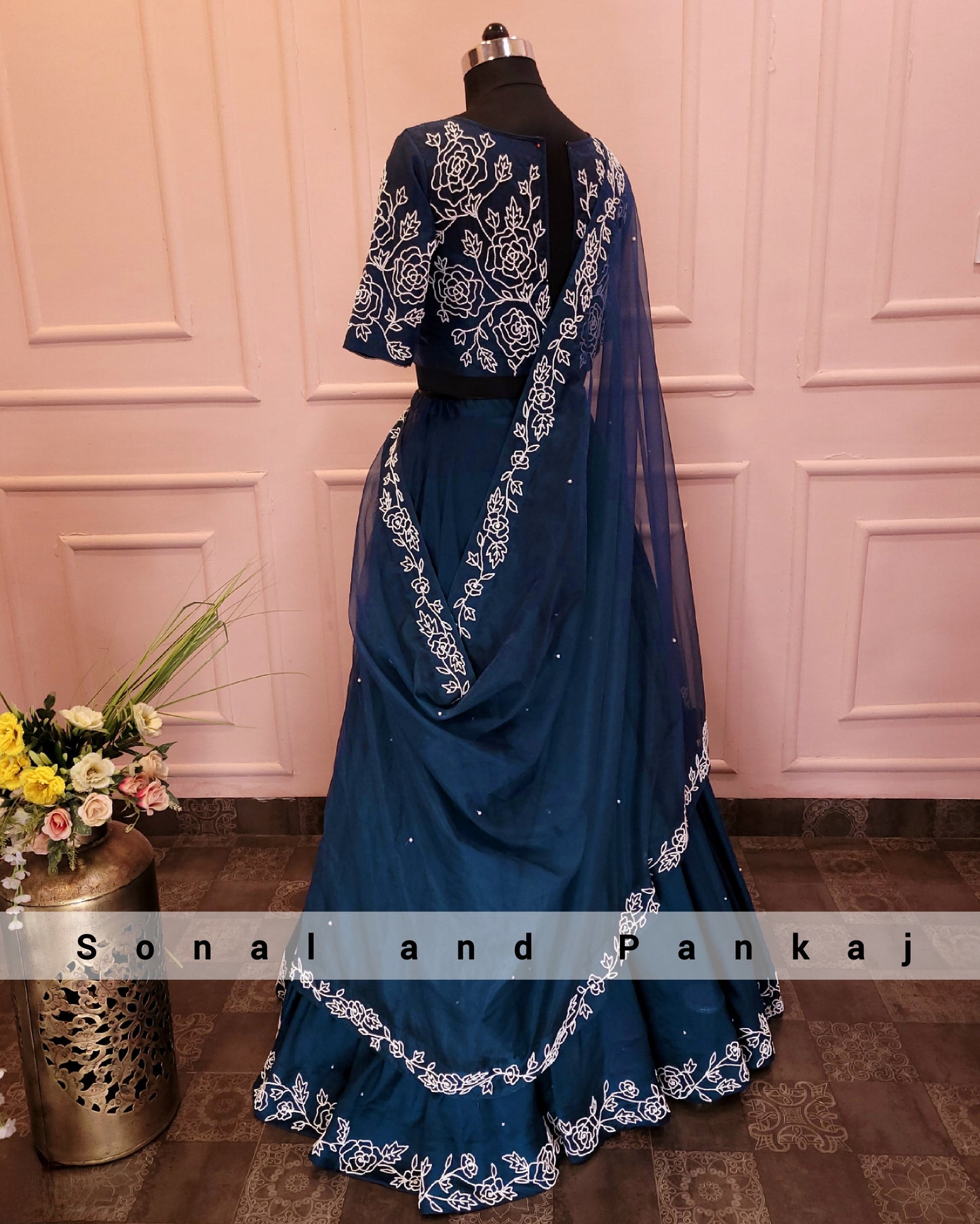 Peacock Blue Pearl Hand Embroidered Blouse Lehenga & Duppatta - LH01086