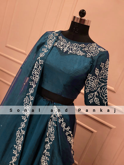 Peacock Blue Pearl Hand Embroidered Blouse Lehenga & Duppatta - LH01086
