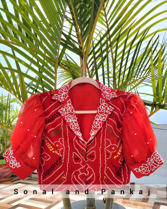 Red Bandhani Hand Embroidered Blouse - SAMPLE01142