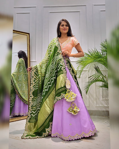 Bandhani Breeze - Gotta Patti Hand Embroidered Pure Bandhani Duppatta With Blouse & Lehenga - LH01582