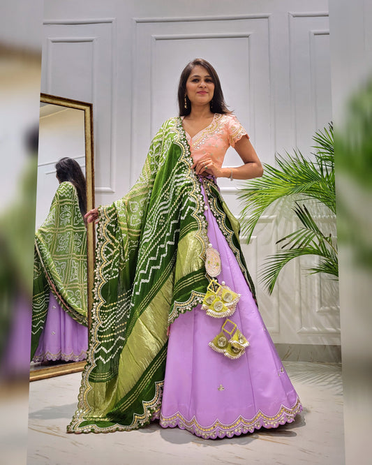 Bandhani Breeze - Gotta Patti Hand Embroidered Pure Bandhani Duppatta With Blouse & Lehenga - LH01582