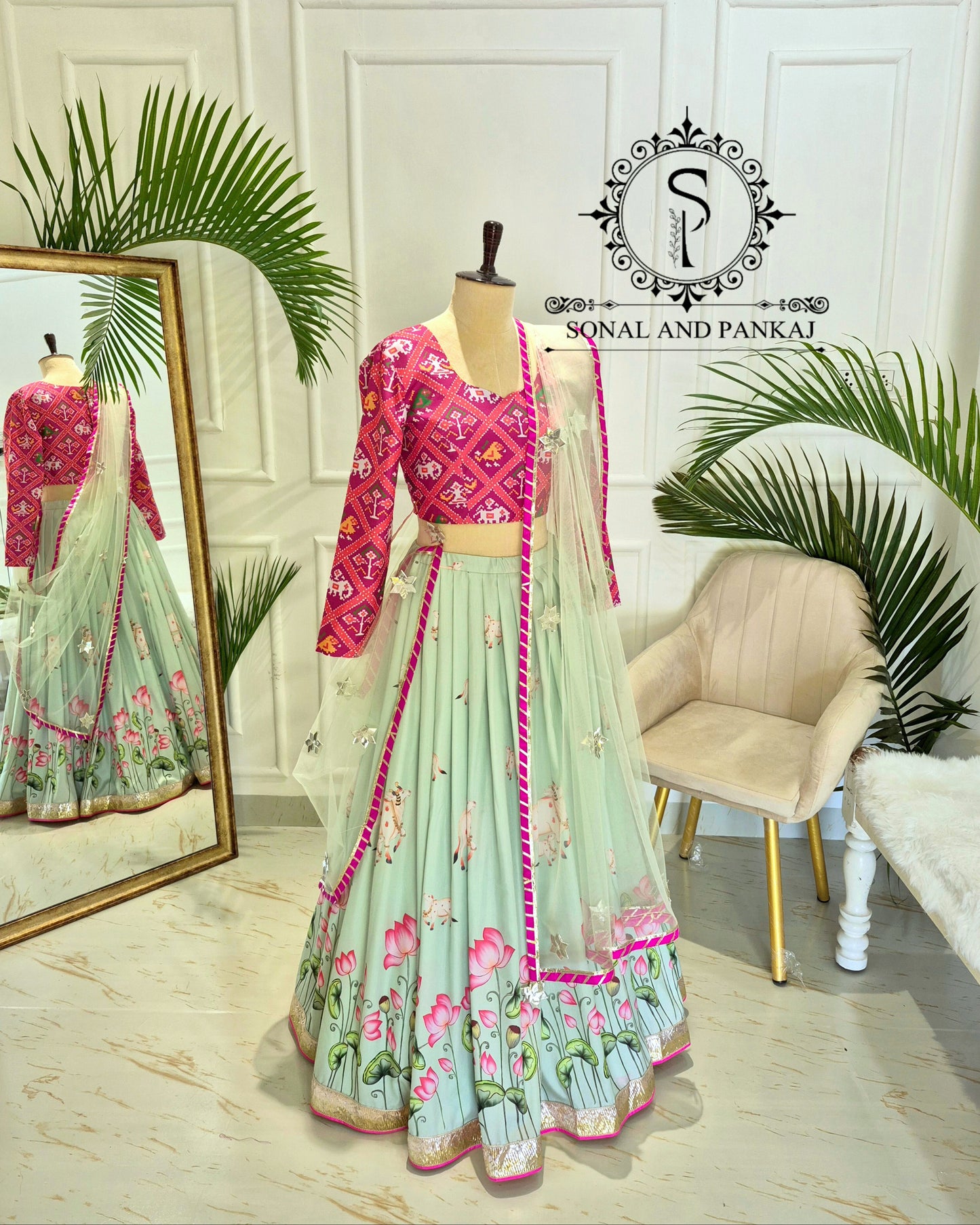 Lotus Whispers - Pastel Green Pichwai Ensemble - LH01614