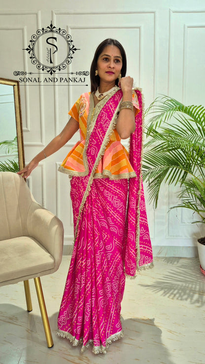 Gotta Patti Hand Embroidered Shaded Peplum Style Top & Bandhani Print Saree - SA01616